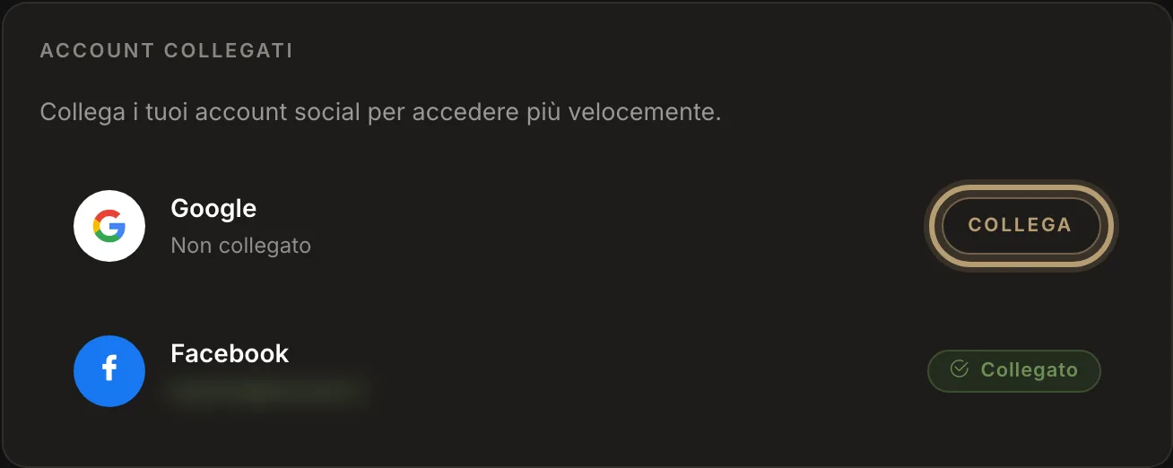 Account collegati: premi Collega accanto all'account che vuoi usare