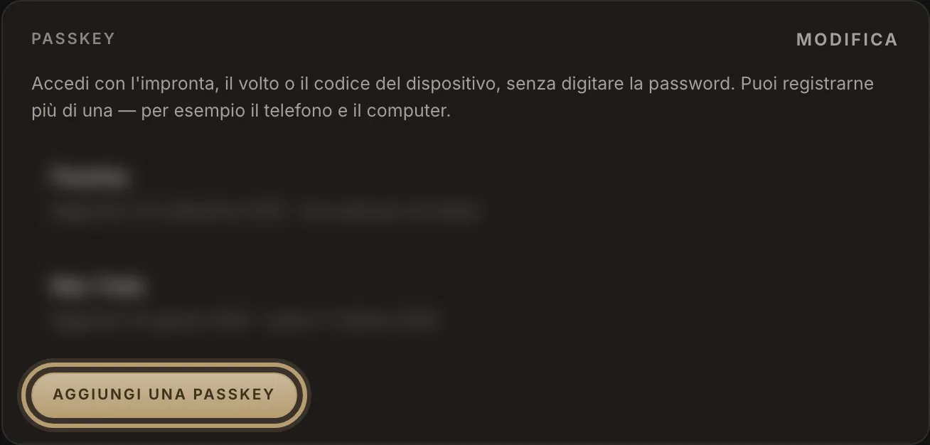 Il riquadro Passkey, con il pulsante Aggiungi una passkey