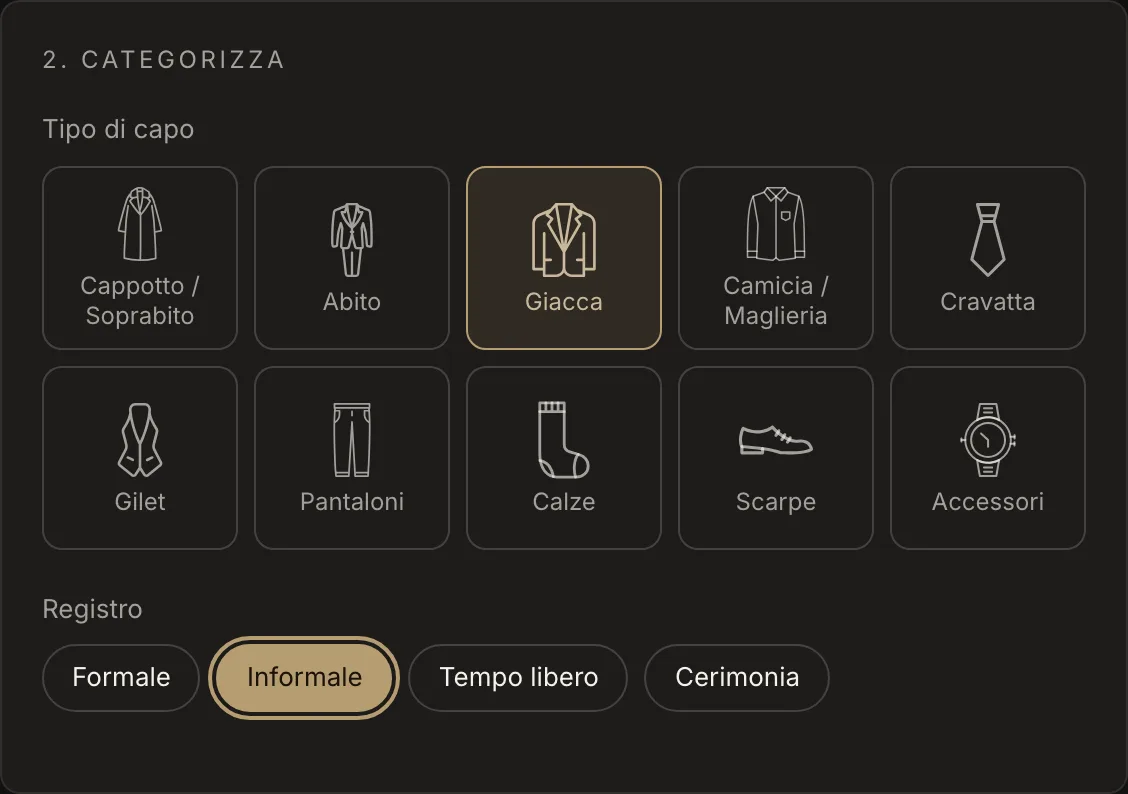 Tipo di capo e registro, qui Giacca e Informale