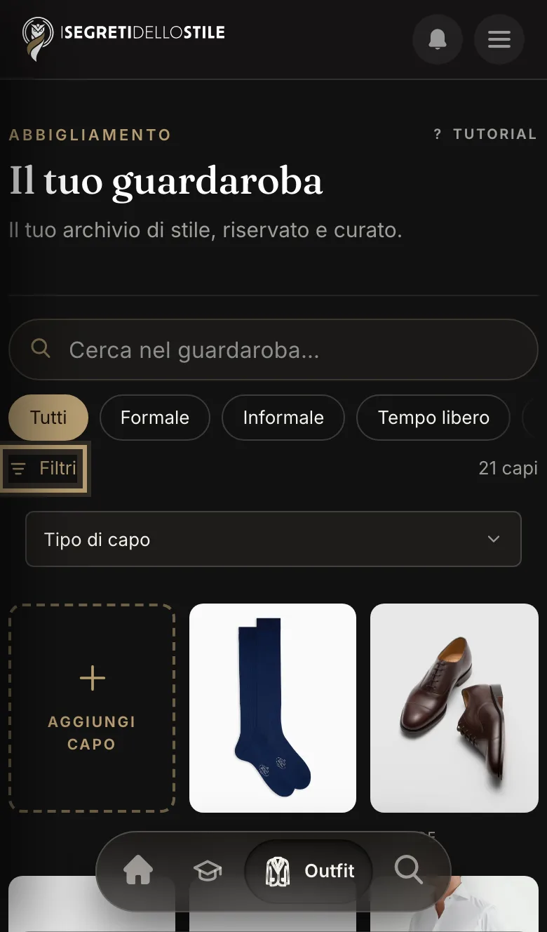 Dal telefono: Filtri apre il Tipo di capo