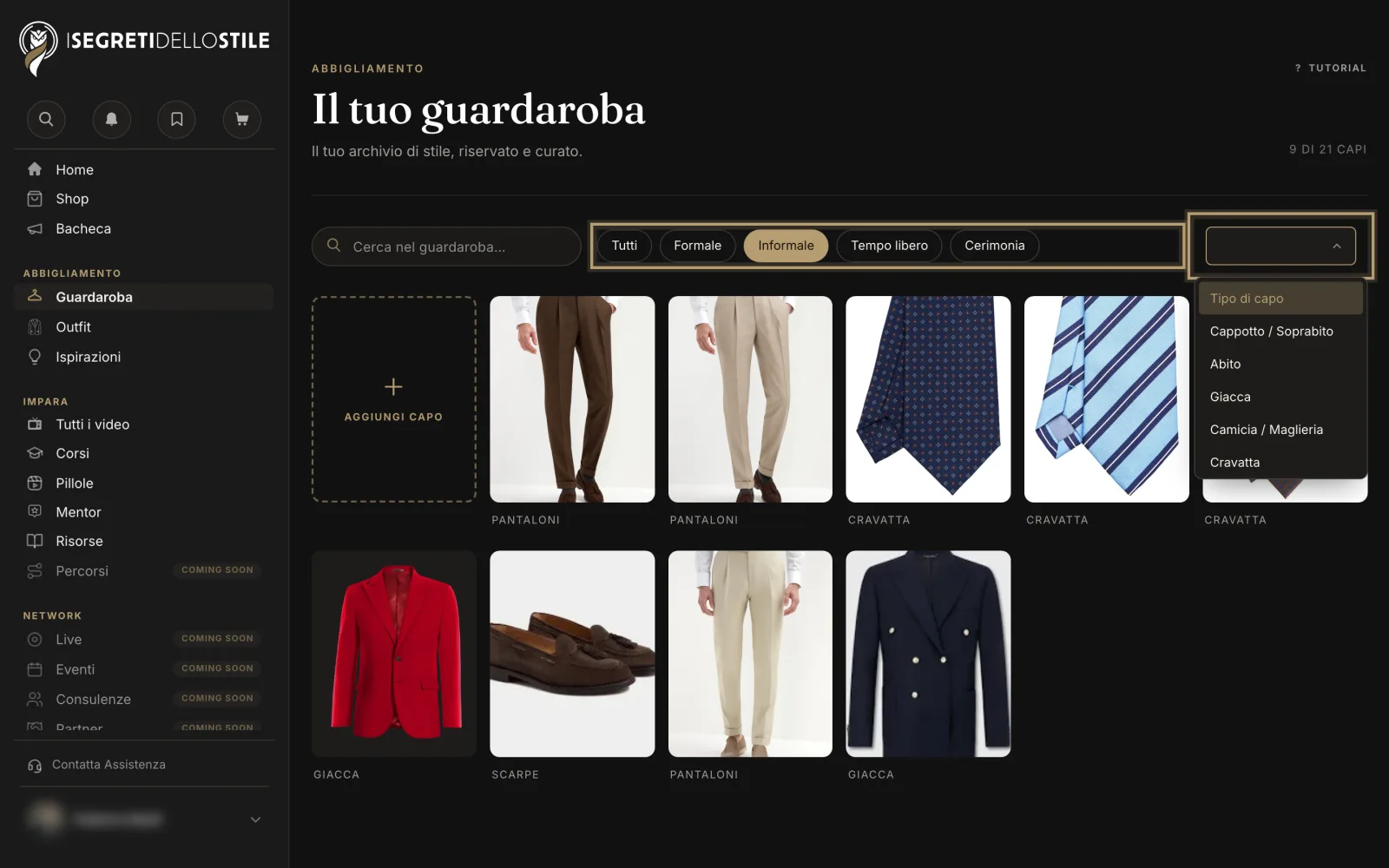 Il registro Informale e l'elenco Tipo di capo aperto