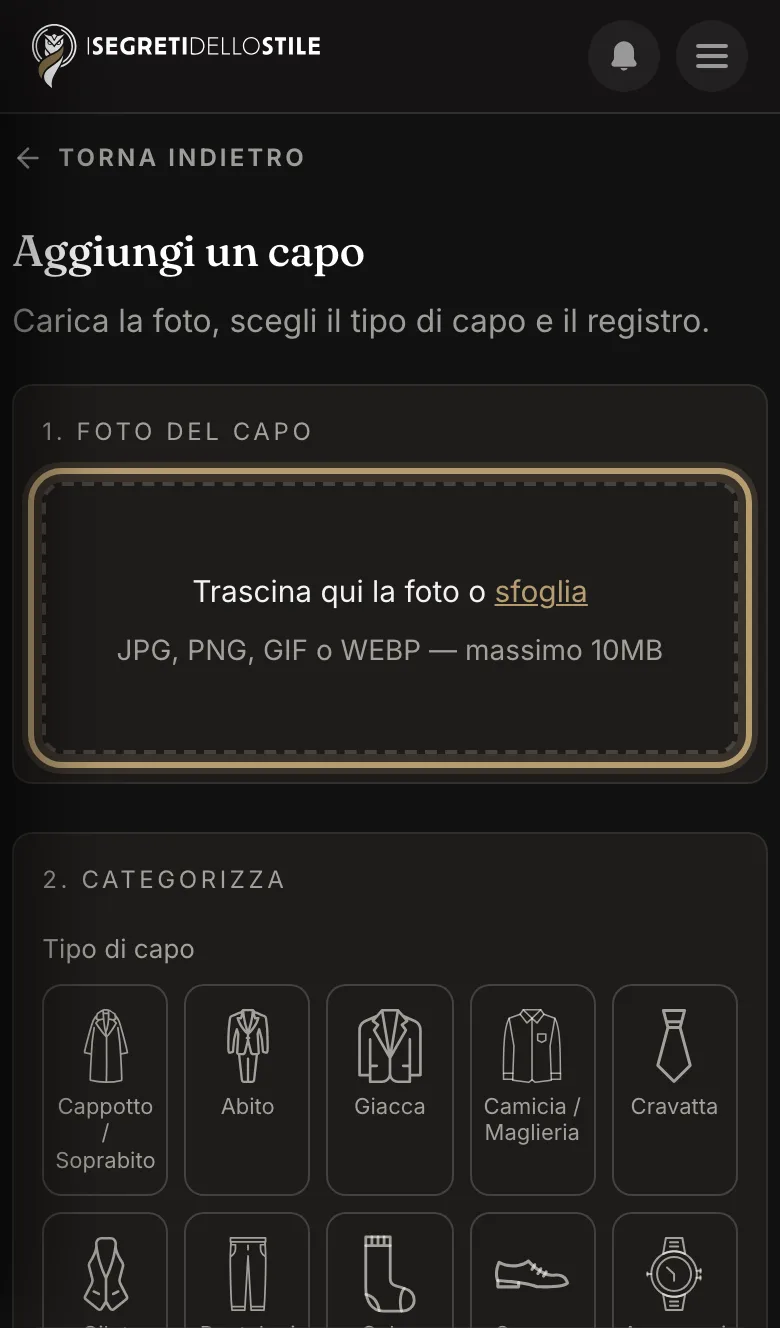 Dal telefono: il riquadro per la foto, in cima al modulo