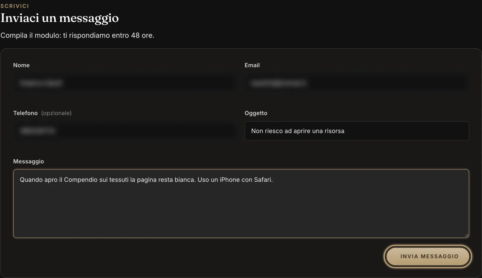 Il modulo Inviaci un messaggio, con oggetto e messaggio compilati e il pulsante Invia messaggio