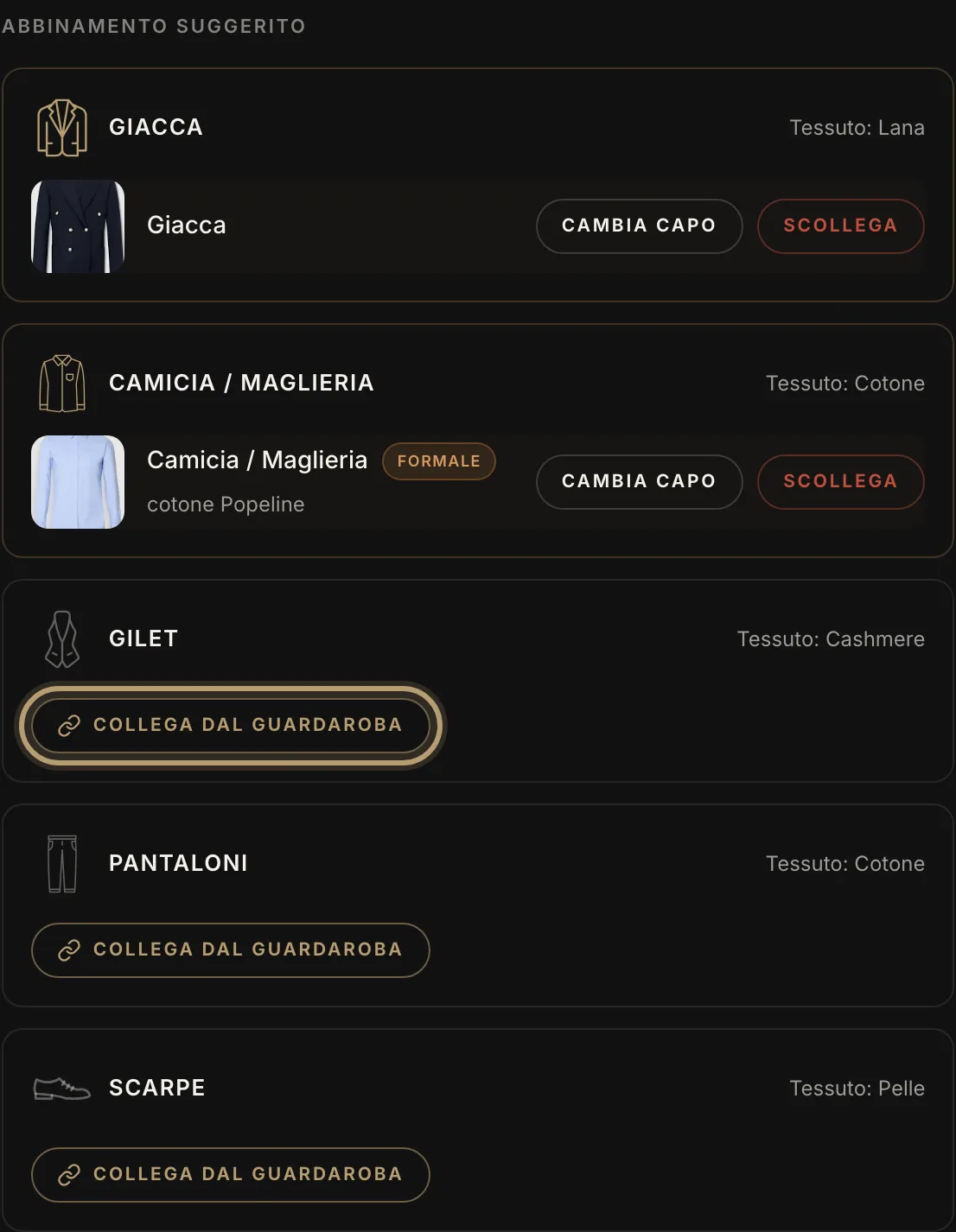 Abbinamento suggerito: giacca e camicia già collegate, il gilet da collegare