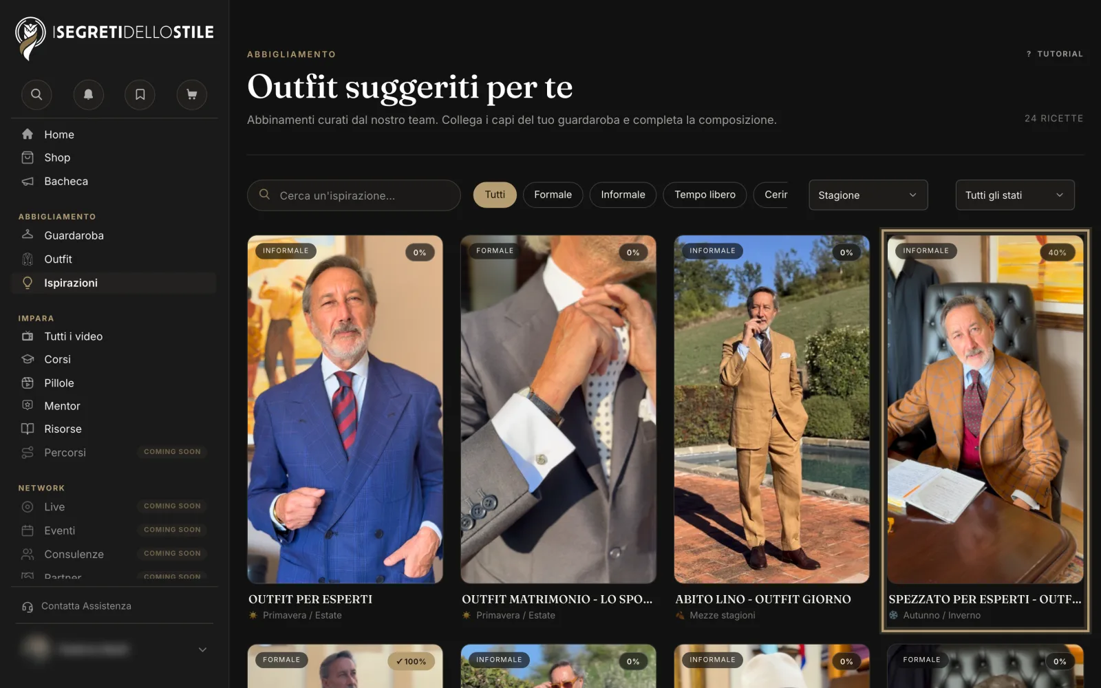 Le Ispirazioni: su ogni card il registro e la percentuale, qui un abbinamento completato al 40%
