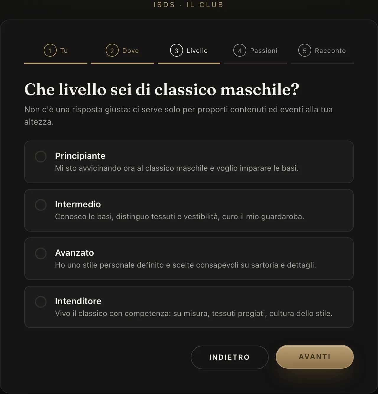 Il questionario di benvenuto: in alto i cinque passi, qui il terzo, Livello