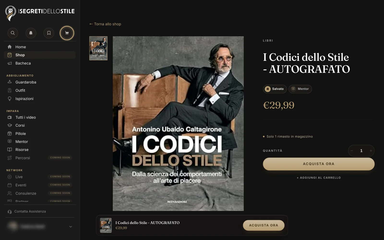 L'icona del carrello, l'ultima in cima al menu