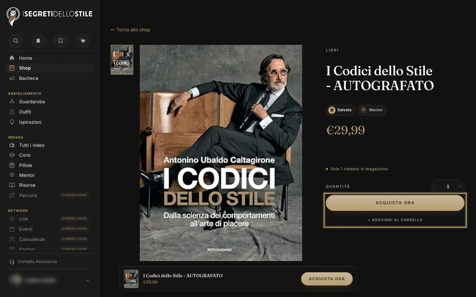 La pagina di un prodotto: il prezzo, la disponibilità, la quantità e, cerchiati, i pulsanti per acquistarlo